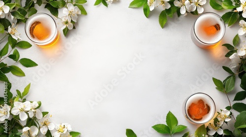 Refreshing beverage surrounded by blossoming flowers and greenery