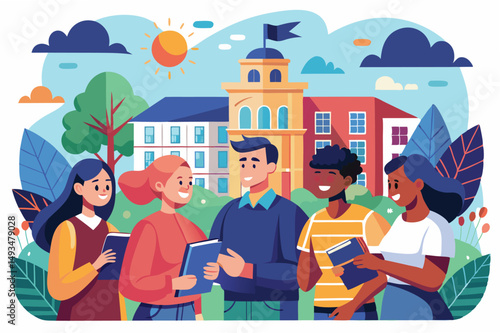 Group of diverse students engaging in discussion while holding books in a bright outdoor setting near buildings in a park setting during a sunny day