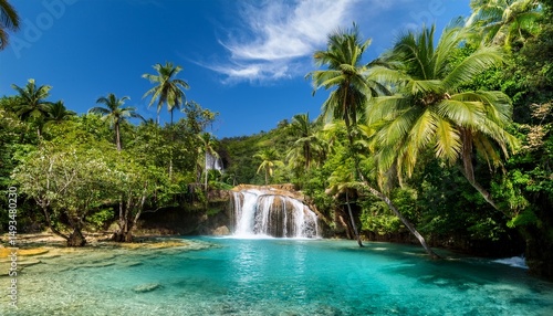 a lush tropical valley with a cascading waterfall flowing into a crystal clear lagoon palm trees sway gently in the breeze under a bright blue sky