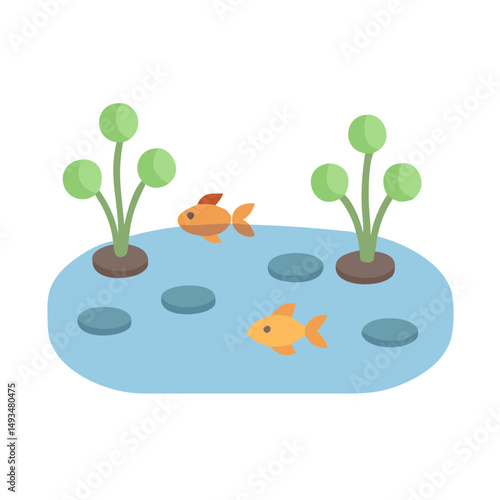 Two goldfish swimming in a cartoon pond scene