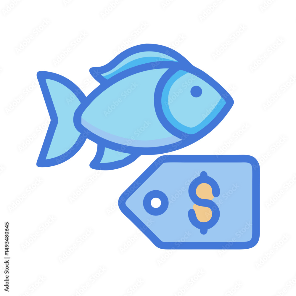 Obraz premium Stylized blue fish icon with price tag symbol