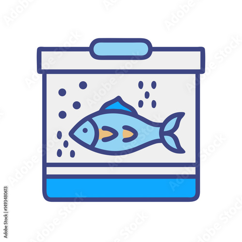 Stylized blue fish swimming in a rectangular fishbowl