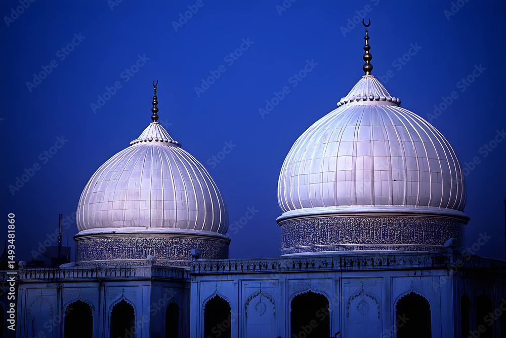 Fototapeta premium Twilight view of illuminated mosque domes with crescent finial