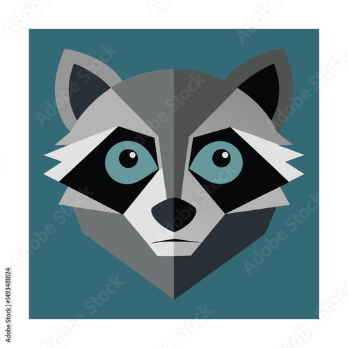 Geometric stylized illustration of a raccoon head with a teal background for design purposes