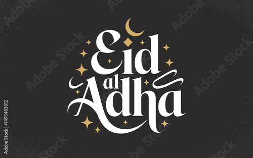 Eid al adha text with moon and stars on a dark background illustration