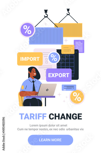 Tariff change trade concept with person at laptop surrounded by import export signs shipping containers percentage symbols digital charts