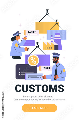Customs officers inspecting shipping containers trade tariffs. Two officers in uniform check documents and containers with factory background