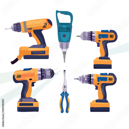Assortment of Cordless Drills and Pliers on White Background
