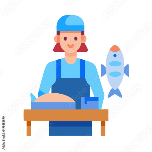 Fishmonger at the market flat vector illustration