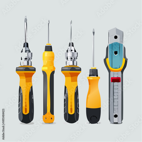 Assortment of Yellow and Black Hand Tools with Metal Blades on White Background