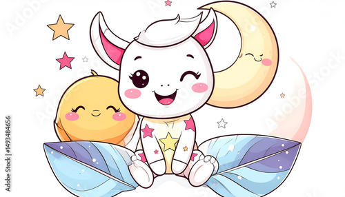 A cheerful, white, star-pajama-clad creature with large eyes and a playful wink sits on blue feathers beside a smiling yellow chick under a crescent moon and stars