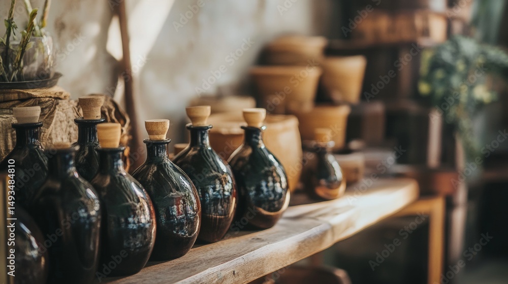 Fototapeta premium Traditional bottles lined up on wooden shelf for rustic kitchen cooking heritage or artisan drink visuals