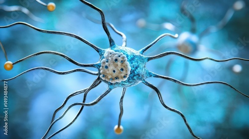 Close-up view of a neuron cell showcasing intricate details and vibrant colors in a scientific context