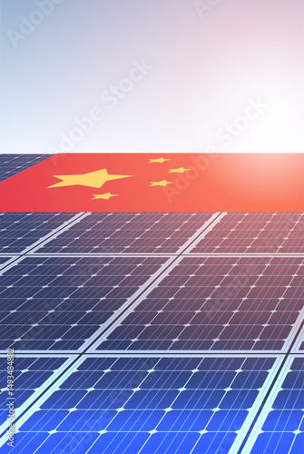 Solar panels trade war concept illustration. Solar panels with a flag symbolizing international trade tensions. Bright sky background. Perfect for banners or articles
