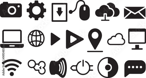 Collection of bold vector icons representing technology communication and essential web elements isolated on white background