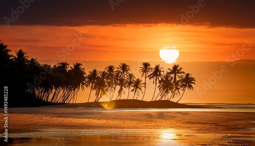 golden sand palm trees volcanic island silhouette paradise vista