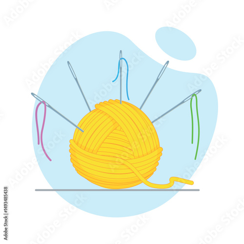 Yellow yarn ball with multiple sewing needles stuck into it, each threaded with colorful threads in pink, blue, and green.