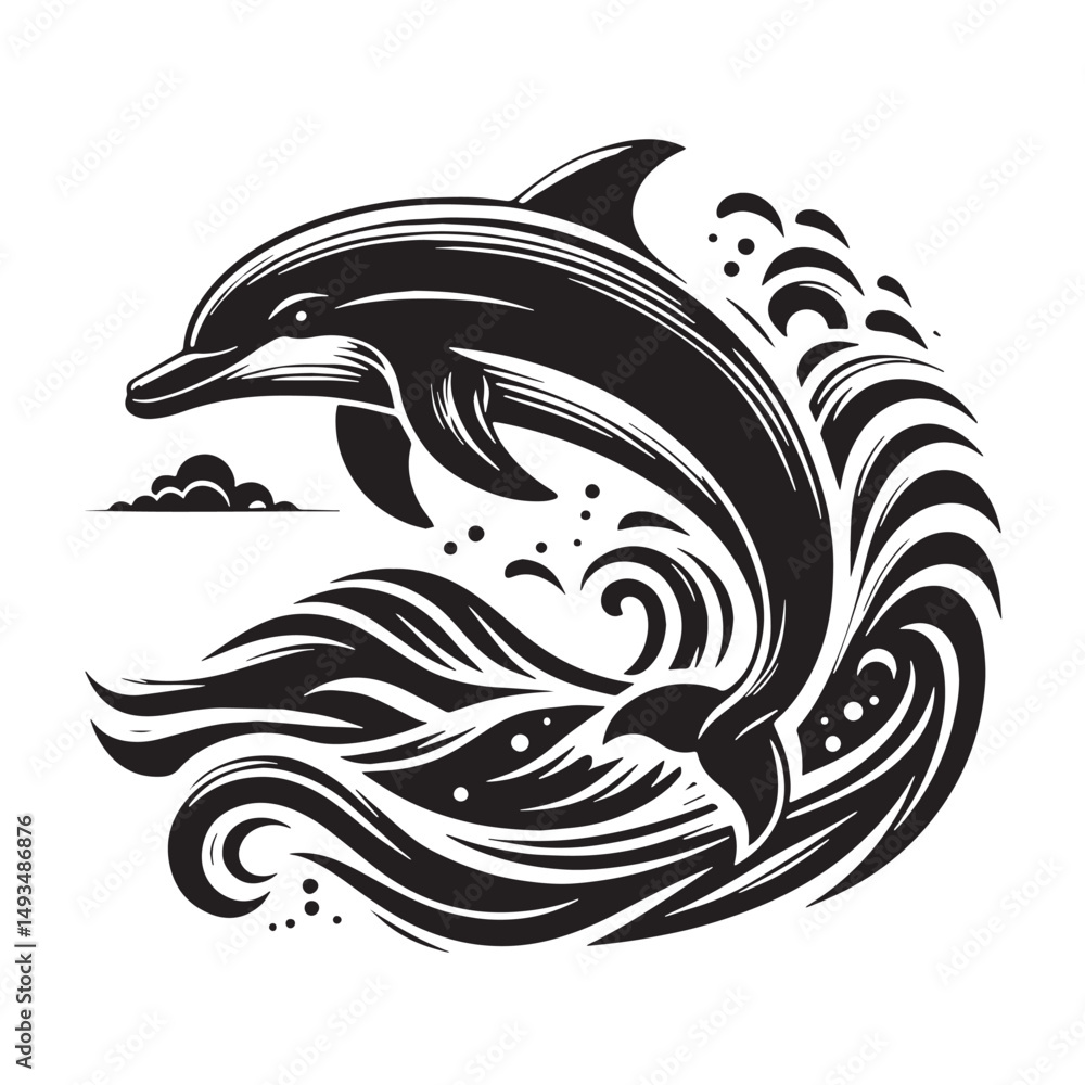 Obraz premium Black Color Dolphin Silhouette Vector Illustration, Solid White Background. minimal vector design