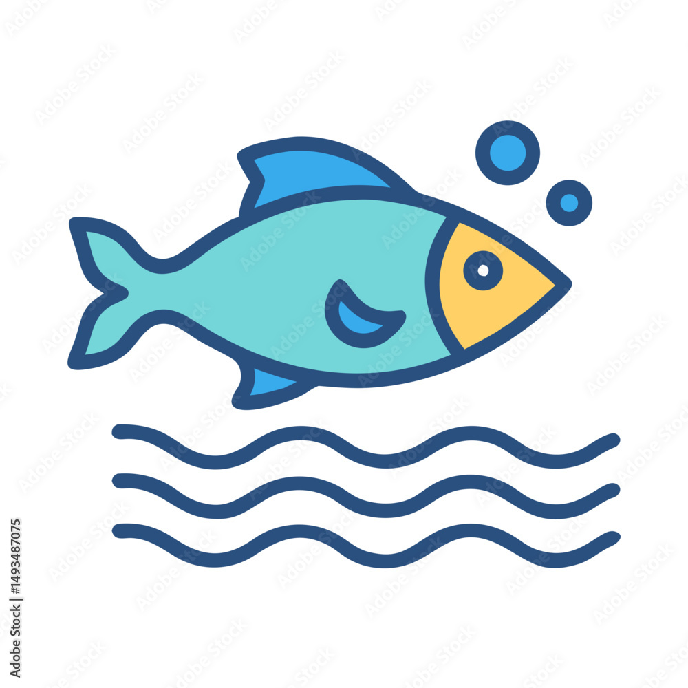 Obraz premium Blue fish with bubbles above ocean waves icon