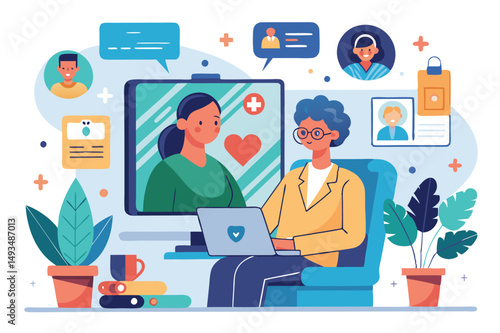 Vector illustration of a healthcare professional using a computer to engage with patients through digital platforms in a modern office setting