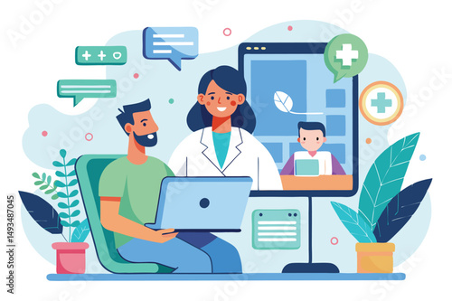 Vector illustration of a healthcare professional using a computer to engage with patients through digital platforms in a modern office setting