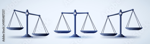 Scales of justice balance concept with three scales in a row on a light gradient background. Symbolizes fairness and equality