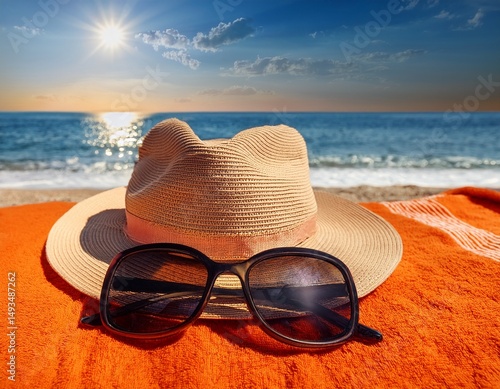 a sun hat and sunglasses resting on an orange beach towel by the sea