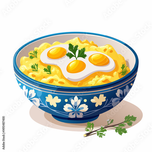 Three Fried Eggs on Creamy Yellow Polenta in Blue Floral Bowl