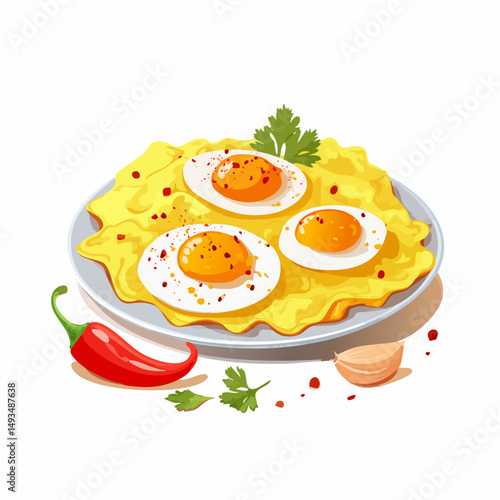 Three Fried Eggs with Yellow Polenta on a Plate
