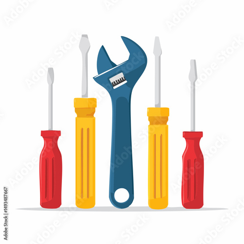 Tools Illustration: Blue Wrench and Yellow Red Screwdrivers on White Background