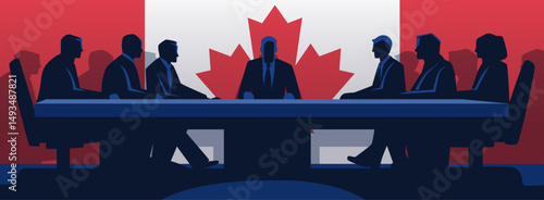 Business meeting silhouettes against Canadian flag backdrop. Seven figures seated at a conference table. Dark blue and red color scheme