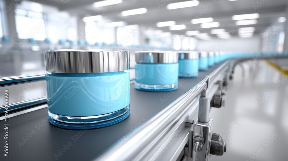 Blue cosmetic jars on a conveyor belt, in a bright factory setting, ready for packaging and distribution. Blue cosmetic jars on a conveyor belt, in a bright factory setting, ready for packaging and distribution.