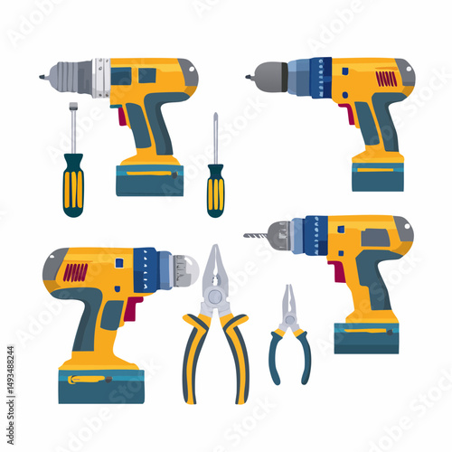 Yellow and Blue Power Drills Screwdrivers and Pliers Tools Set Illustration
