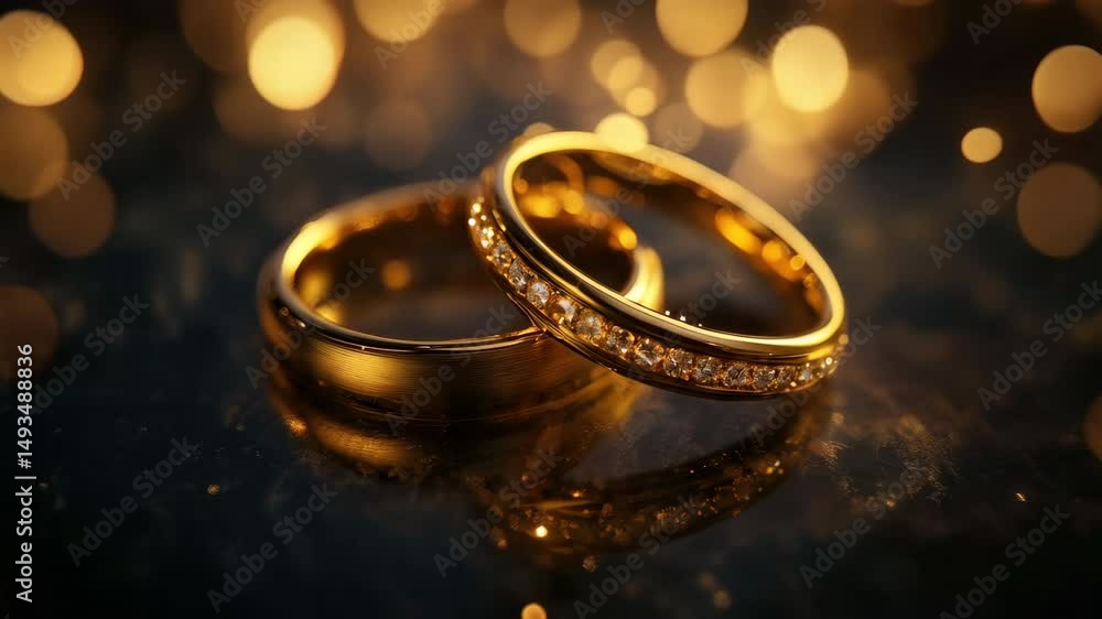 Two Elegant Wedding Rings Resting Together Adorned With Sparkling Gems Captured in Warm Golden Light Against a Blurred Background. Generative AI Two Elegant Wedding Rings Resting Together Adorned With Sparkling Gems Captured in Warm Golden Light Against a Blurred Background. Generative AI