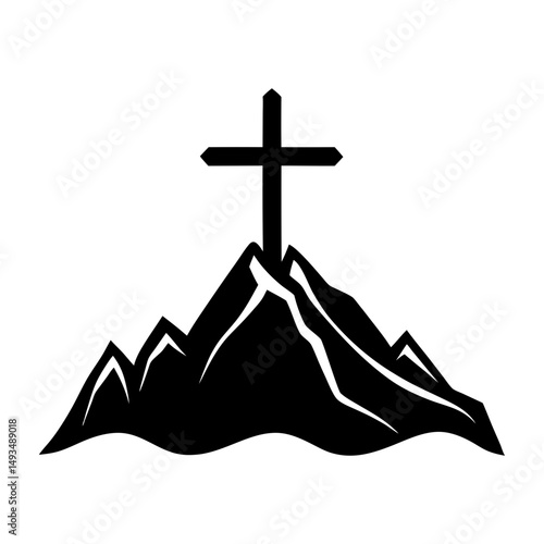 christian cross on hill rock mountain vector silhouette