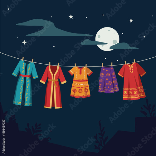 Clothesline with Colorful Traditional Garments Under Moonlight and Stars