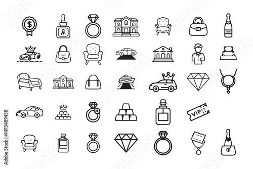 Luxury Lifestyle Icons Set - Black and White Line Art