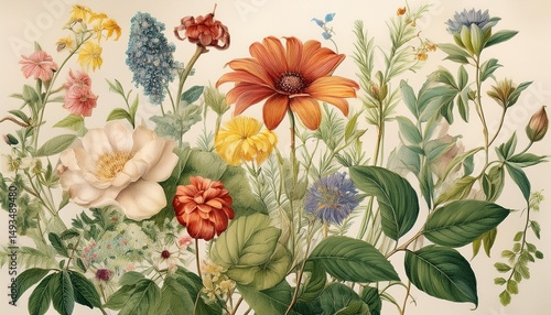 a vintage botanical illustration featuring a variety of flowers and plants painted in delicate detail