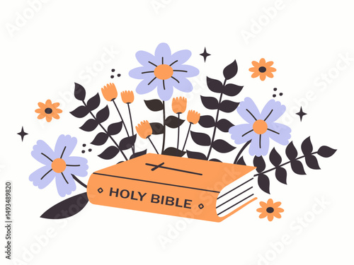 Holy bible in flowers. Bright flowers and Holy Bible. Vector illustration on isolated white background