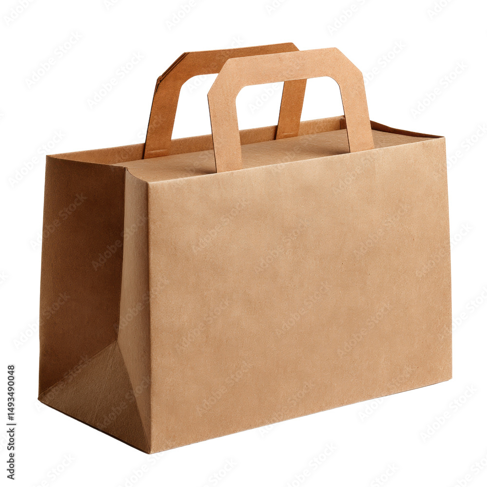Eco friendly brown paper shopping bag with handles for retail shopping carrying groceries or gifts on white background Eco friendly brown paper shopping bag with handles for retail shopping carrying groceries or gifts on white background