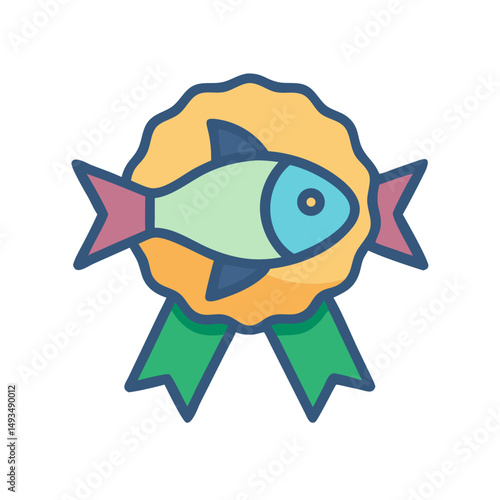 Flat vector fish badge icon with ribbon design