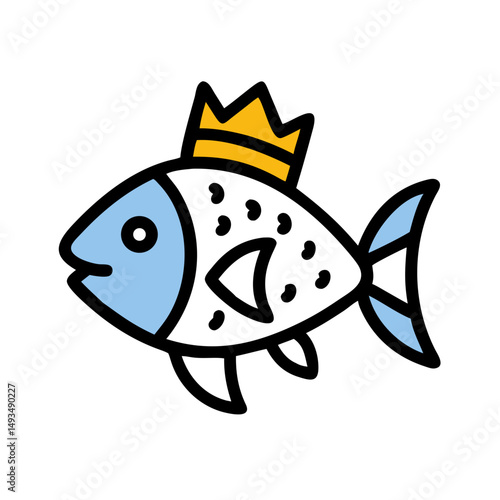 Whimsical Flat Fish Wearing Crown on Black Background