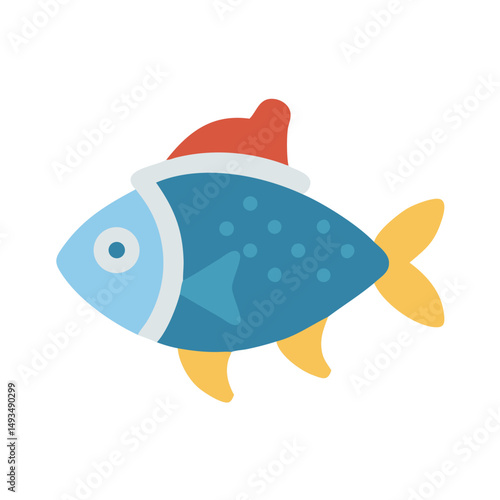 Flat vector cartoon fish with a Christmas hat