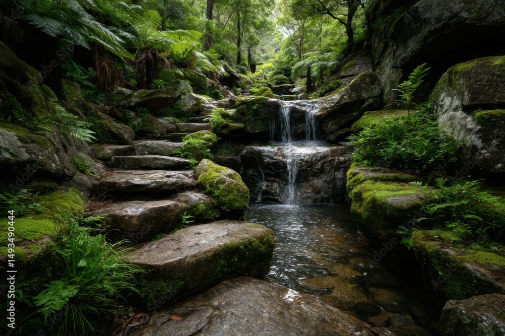Lush waterfall flows over mossy rock steps in a dense green forest creating a tranquil outdoor scene. Lush waterfall flows over mossy rock steps in a dense green forest creating a tranquil outdoor scene.