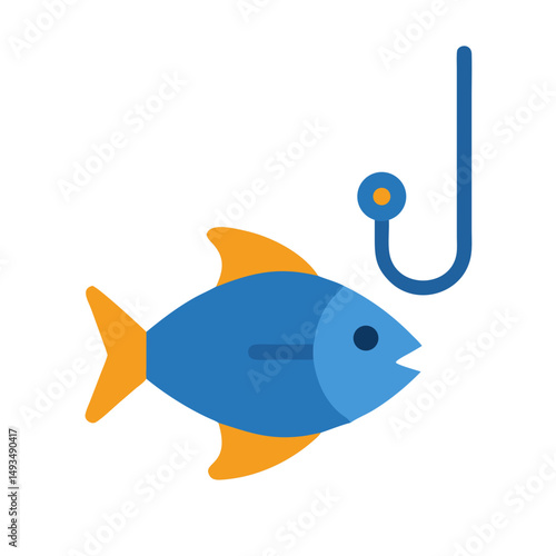 Blue and yellow fish caught on fishing hook