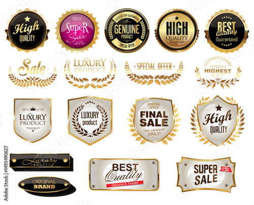 Golden luxury labels and badges gold premium quality certificate ribbons vector illustration 