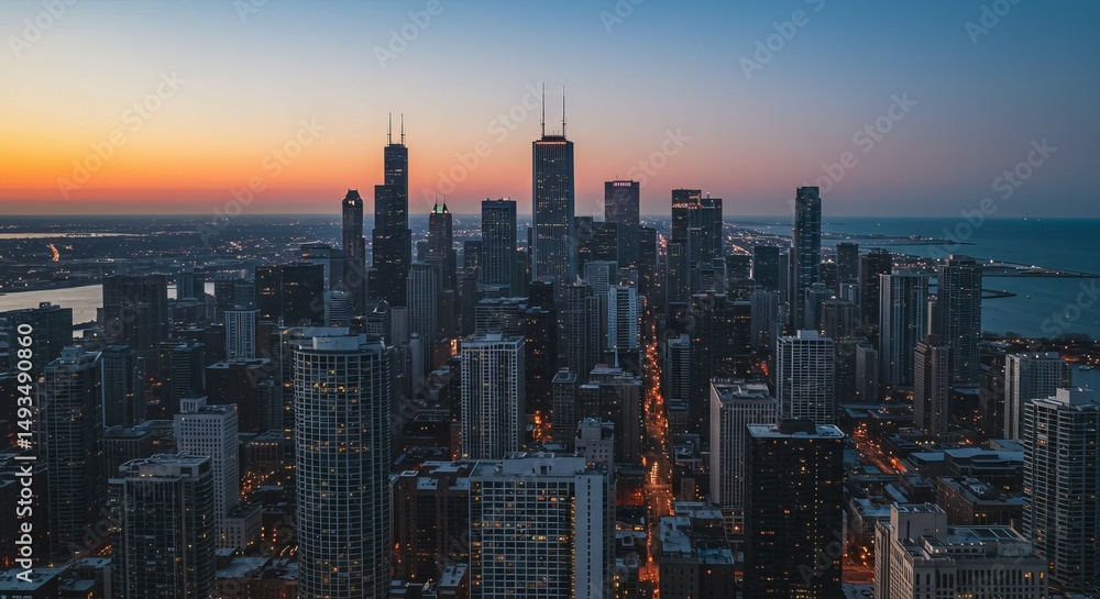 Fototapeta premium Dramatic aerial view showcases a city skyline with vivid sunset colors over an urban landscape.