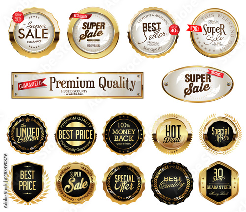 Golden luxury labels and badges gold premium quality certificate ribbons vector illustration 