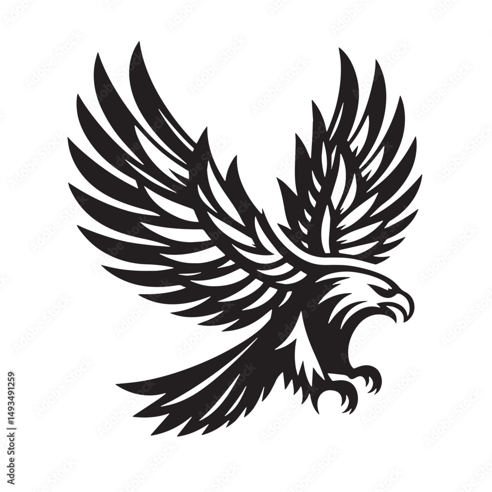 Obraz premium Black Color Eagle Silhouette Vector Illustration, Solid White Background. minimal vector design
