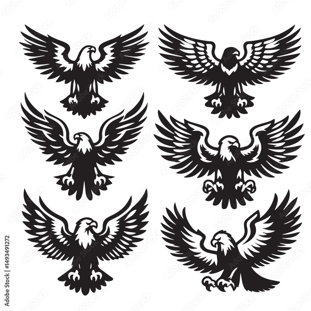Obraz premium Black Color Eagle Silhouette Vector Illustration, Solid White Background. minimal vector design